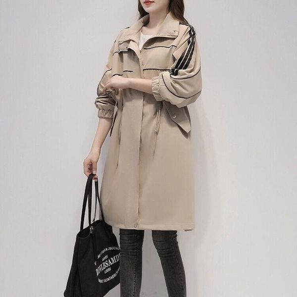 

women's trench coats [ewq] korea chic khaki coat autumn 2021 laple loose lace up waist zipper long sleeve windbreaker 16e4784, Tan;black