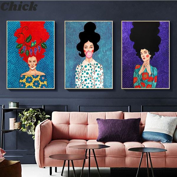 

vintage abstract girl hair flower women wall art canvas painting fashion nordic poster wall pictures for living room unframed