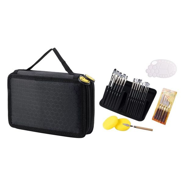 

pencil bags 1x high capacity holder stationary case pen box storage bag , 2 layers black & 24pcs paint brushes set