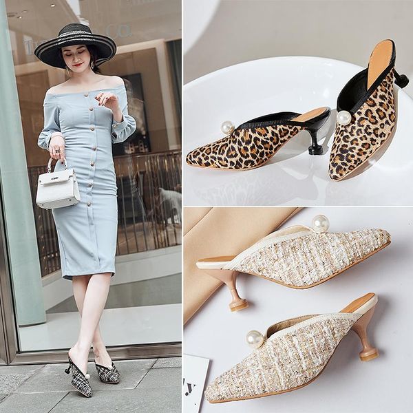 

slippers pointed toe half female summer wear 2021 fashion pearl leopard print fine heel high sandals women's shoes, Black