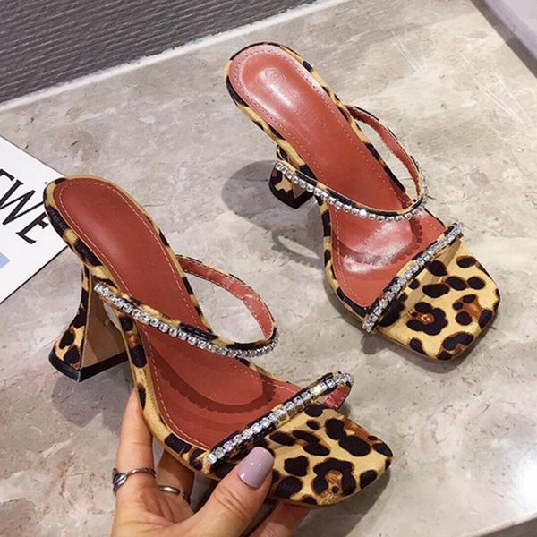 

sandals 2021 summer plus size 41 women lady leopard crystal flock high heels mules female club party slides stripper shoes, Black
