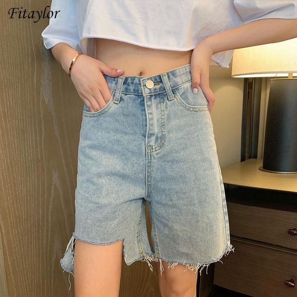 

fitaylor 2021 new summer women high waist hole streetwear blue denim shorts casual female wide leg solid color jeans shorts, White;black