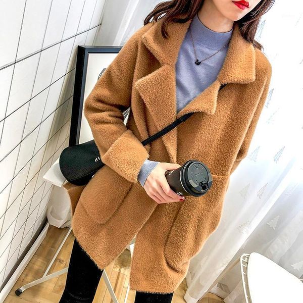 

imitate mink loose coat woman thickening solid color plush knitting cardigan jacket1, Black