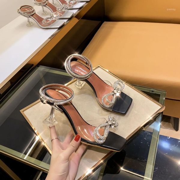 

sandals square toe women crystal ankle strap 2021 ly summer chic work shoes transparent pvc 7cm high heels wedding stilettos1, Black