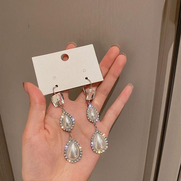 

dangle & chandelier origin summer korean fashion waterdrop simulation pearl clip earring for women shining rhinestone geometric jewelry, Silver