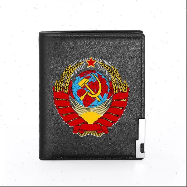 

classic soviet sickle hammer printing pu leather wallet men bifold cccp credit card holder short purse male, Red;black