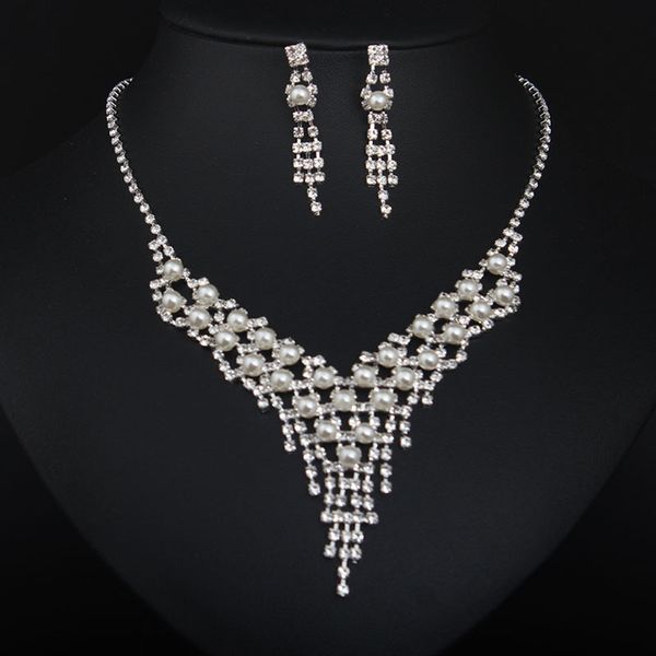 

korean fashion bride rhine-stone tassel pearl necklace earring set banquet dress wedding accessories, Silver