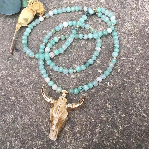 

pendant necklaces dm cow bull head long necklace women natural stone beads animal skull ladies boho fashion jewelry collier femme 2021, Silver