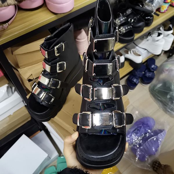 

platform open toe wedges goth ankle boots women buckle peep toe multicolor summer women shoes, Black