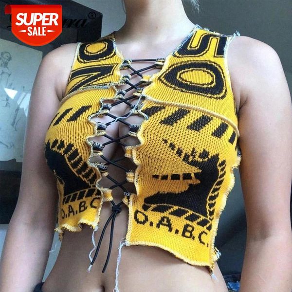 

dulzura ribbed letter print lace up hollow out women crop cross tanks bandage patchwork streetwear 2020 autumn winter club #rs6s, White