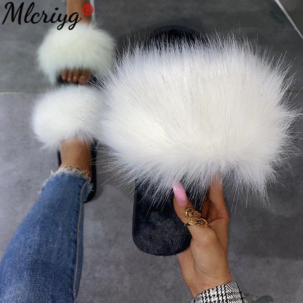 

slippers luxury fur slides women summer furry fluffy home shoes for ladies flops with female sandals 2021, Black