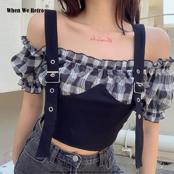 

short sleeve slash neck plaid shirt women vd1451 summer blouse women ladies short crop gothic, White