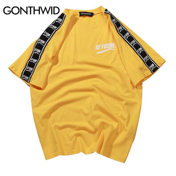 

gonthwid ribbon sleeve printed short sleeve t-shirt hip hop casual t shirts summer fashion cotton tees streetwear tshirts 210225, White;black