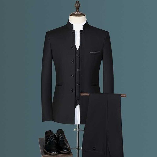 2021 Mode Männer Casual Boutique Weiß Stehkragen Chinesischen Stil 3 Stück Anzug Set Slim Fit Blazer Jacke Mantel Hosen Weste X0909