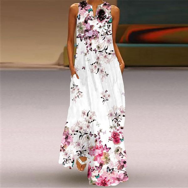 

summer plus size printed women dress sleeveless v neck split hem baggy kaftan long elegant party dresses, Black;gray