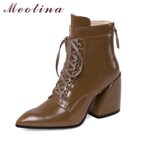 

meotina real leather super high heel ankle boots wome shoes zip lace up pointed toe block heels short boots autumn winter khaki 210608, Black
