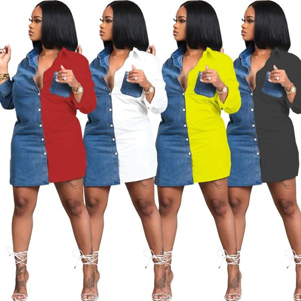

casual dresses color block denim shirt mini dress woman turn down collar long sleeve single-breasted hihg street outfits plus size s-xxl, Black;gray