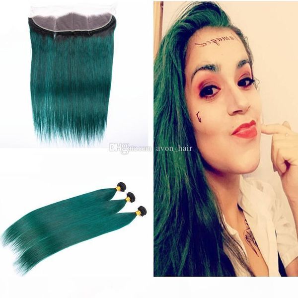 

ombre color green silky straight hair extension with frontal closure two tone 1b green virgin straight hair weaves with frontal 13x4, Black;brown