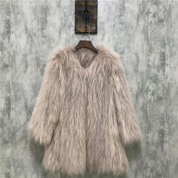 

women's fur & faux double-sided woven raccoon handmade olive green winter mid-length real coats woman jacket coat clothes, Black