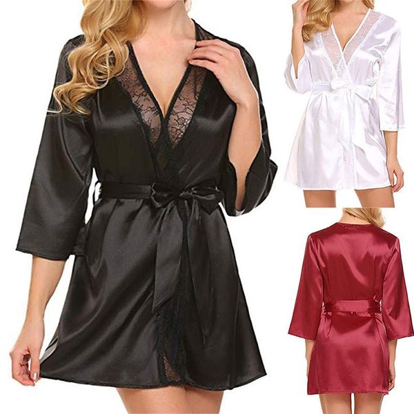 

erotic thin transparent robe dress women pajamas solid sleepwear faux silk home wear lace nightdress underwear lingerie, Black;red