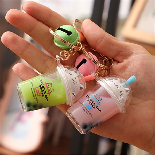 

fine key chain summer ins cat pearl milky tea cup ring pendant creative cartoon acrylic oil, Silver
