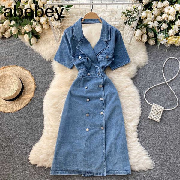 

women elegant french denim dress summer short sleeve v neck solid office dresses fashion streetwear split midi dress 210715, Black;gray