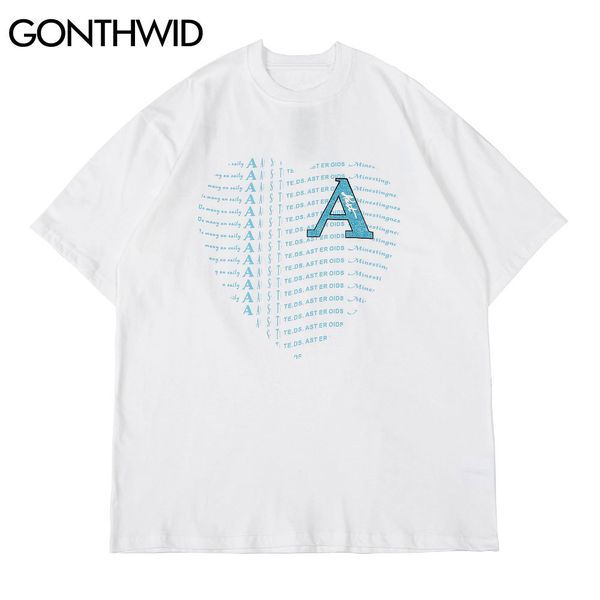 

gonthwid tshirts harajuku letter heart short sleeve tees shirts streetwear men hip hop fashion casual cotton loose t-shirts c0315, White;black