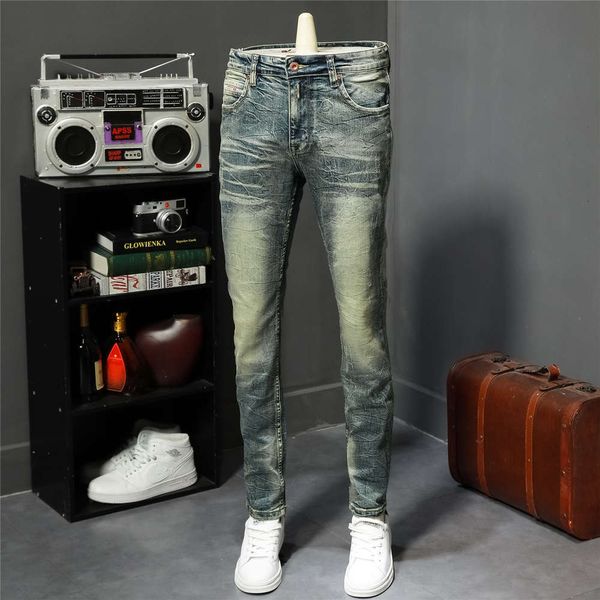 

autumn and winter jeans men's trendy slim leggings make old elastic casual versatile pants nostalgicwinter, Blue