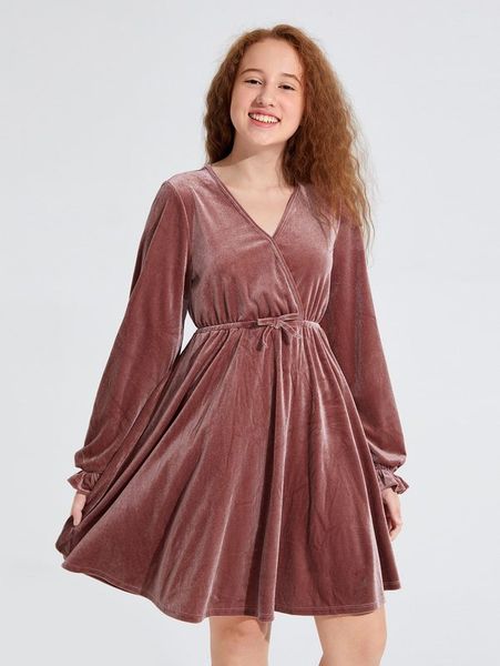 

teen girls surplice neck lantern sleeve tie waist velvet dress she, Red;yellow