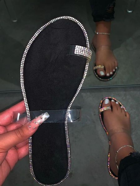 

slippers 2021 snakeskin print crystal daimonds transparent flat with summer slip-on shiny flips flops basic footwear slides, Black