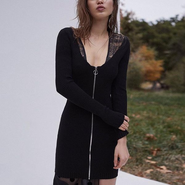 

casual dresses 2021 fitness zipper v neck dress ribbed knitting mini party night club ladies long sleeve a line women vestido, Black;gray