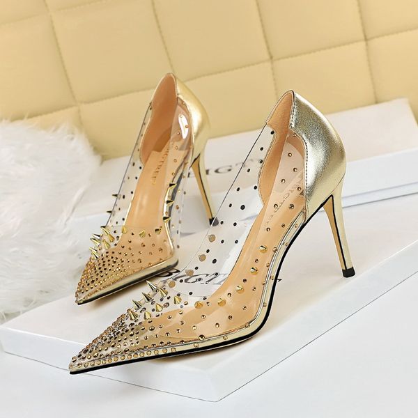 

metal rivet women's shoes shallow mouth pointed transparent rhinestone splicing hollow high heels, Black