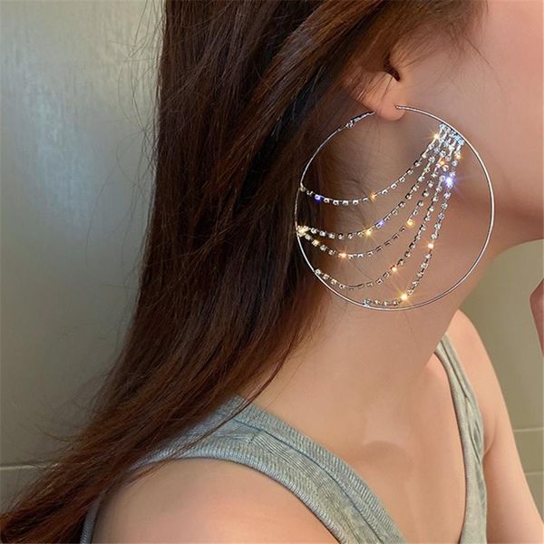 

hoop & huggie exaggerate hollow round tassel rhinestone big circle earrings for women party wedding jewelry huanzhi 2021 trend, Golden;silver