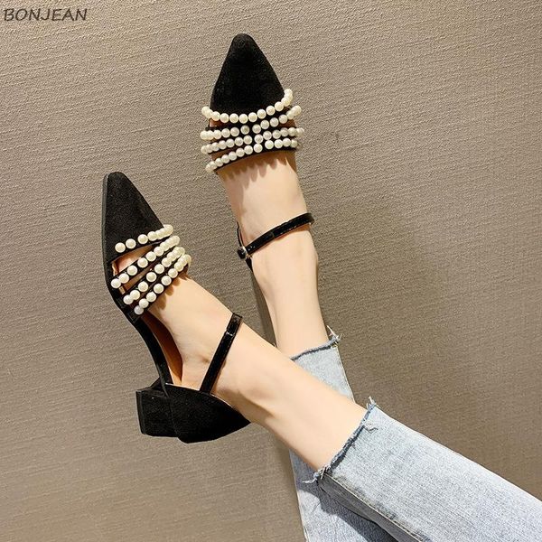 

sandals summer women's high heel fashion string bead pointed toe flock ladies shoes buckle strap square, Black