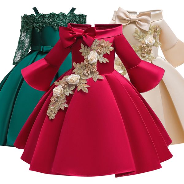 

new christmas girls dress long sleeve embroider kids dresses for girls elegant princess dress wedding party children clothing, Red;yellow