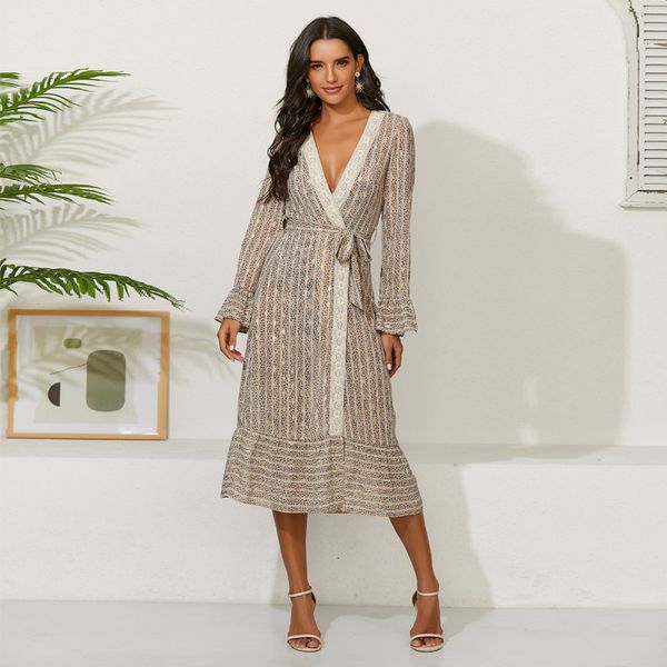 

jumpsuits,rompers beautiful trend big size 2021 women's ruffle v-neck long sleeve print dress floral dress