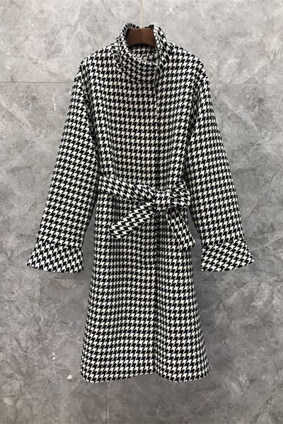 

high collar temperament houndstooth waist dress womens autumn european goods new niche midi dress 9o, White;black