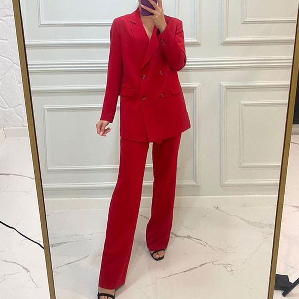 

women's two piece pants fashion office lady double breasted notched suits women elegant solid suit full length ladies, White