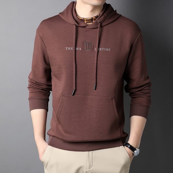 

spring and autumn new pullover sweater solid color hooded high-end loose t-shirt mercerized cotton bottomed shirt men's, Black