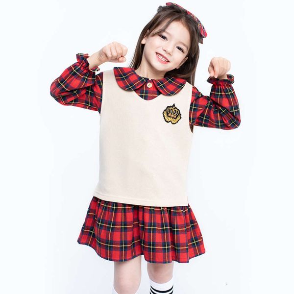 

plaid new academy scottish 2021 skirt spring + v-neck vest two piece children's suit, White