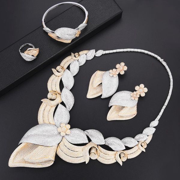 

earrings & necklace luxury blossom african beads jewelry set wedding cz dubai bangle ring parure bijoux femme, Silver