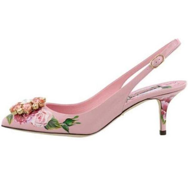 

new 2021 flower prints crystal shoes woman high heels point toe slingbacks women's shoes sweet pink buckle strap sandals female, Black