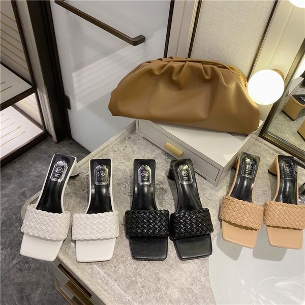 

low shoes woman 2021 square heel slippers heels pantofle luxury slides block high new summer designer rome fashion fabric pu bas, Black
