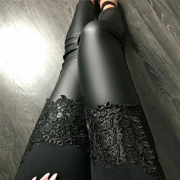 

women's pants & capris womens stretch high waist shiny pu leather skinny lace patchwork faux leggings slim fit pencil, Black;white