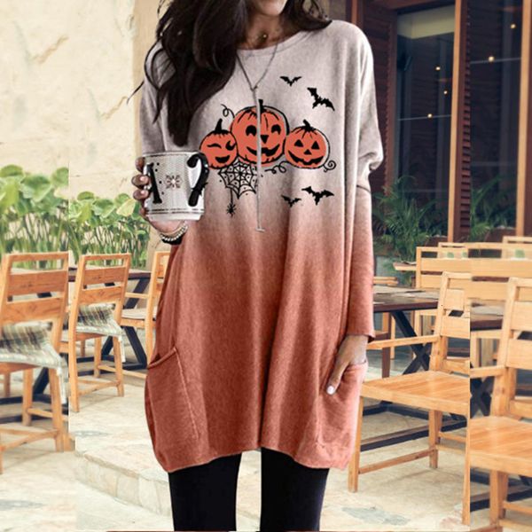 

2021 new halloween women casual o neck long sleeve loose mini dresses letter pumpkin candle skull print pocket ladies dress vestido fy2q, Black;gray