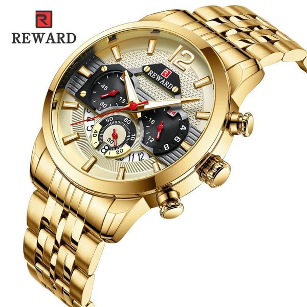 

wristwatches fashion watches reward sports stainless steel chronograph quartz waterproof watch men relogio masculino, Slivery;brown