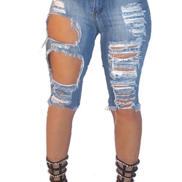 

trendy women ripped fashion elastic high tail ny denim knee length potato broek summer casual hipster jeans, Blue