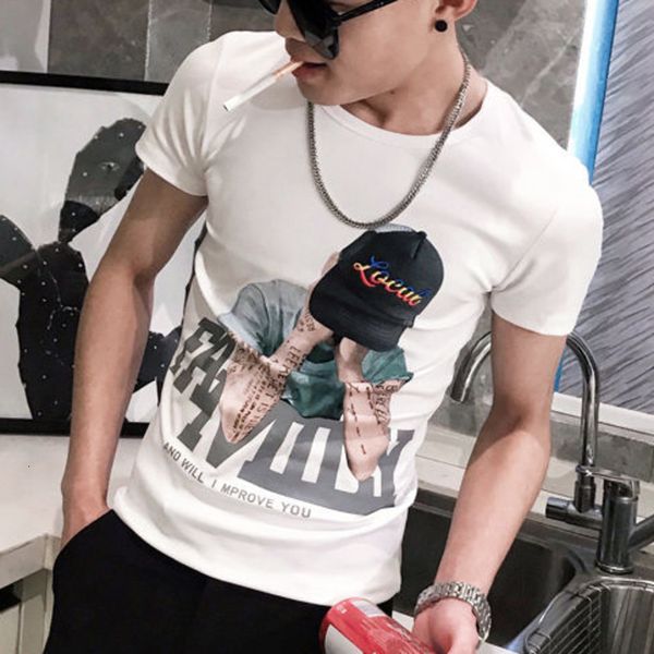 

korean round neck letter printed tide brand short sleeve t-shirt 2021 summer new men's wear slim fit men tshirt nzlj, White;black