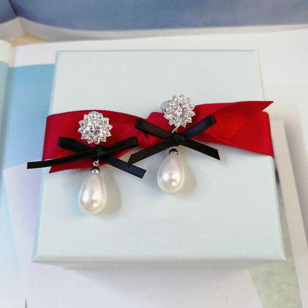 

hef jewelry original bow ribbon earrings women's net red creative pearl earrings 925 silver