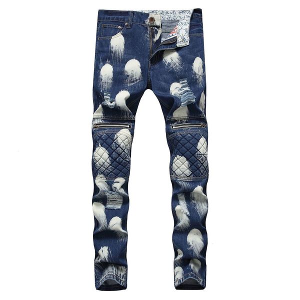 

new european men's male jeans ripped hole trend fashion fold snowflake decoration pants trousers pt5j, Blue